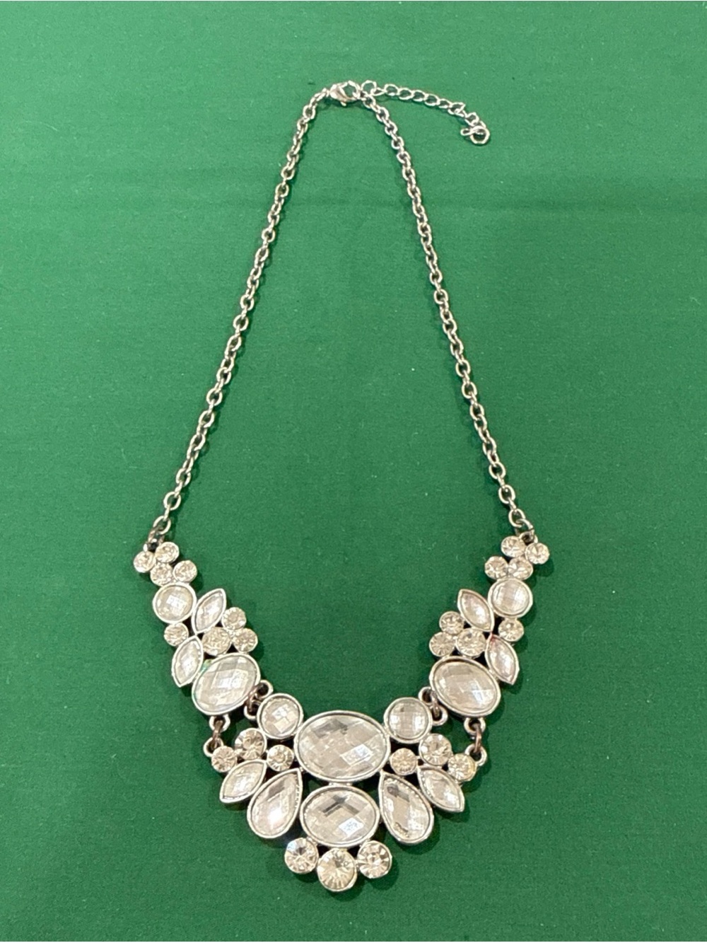 SilverToneStatementBibNecklaceClustered FacetedClear Crystals & Rhinestones 100F